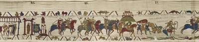 Hertug William fører sin hær til Bretagne, hvor Harold modigt genopløser soldater fra kviksandet, Bayeux Tapestry (uldbroderi på linned) af Unbekannt