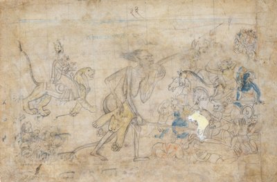 Durga og Kali nærmer sig de samlede hære af Chanda og Munda..., ca. 1780. af Unbekannt