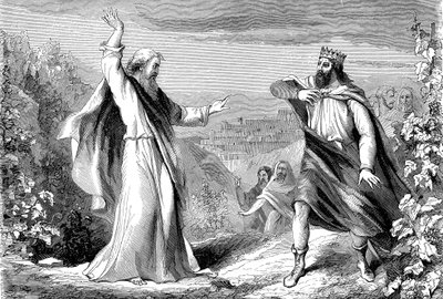 Elias, Gamle Testamentes profet. fordømmer Akab, Israels afgudsdyrkende konge, i Nabots vingård af Unbekannt