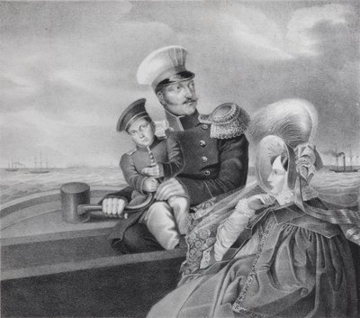 Kejser Nicholas I og kejserinde Alexandra Fyodorovna med sønnen Konstantin Nikolaevich på en bådtur, af Unbekannt