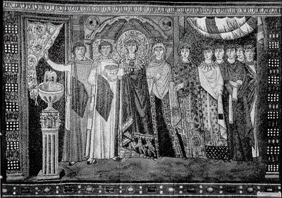 Kejserinde Theodora og medlemmer af hendes hof, byzantinsk, original fra begyndelsen af det 20. århundrede dateret 6. århundrede. af Unbekannt