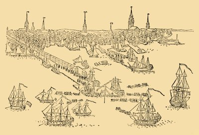 Engelske krigsskibe i Boston, hvor te-festen fandt sted i 1768, c1930. af Unbekannt