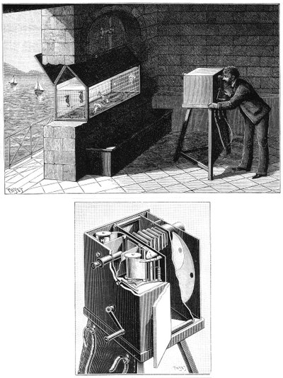 Etienne Jules Marey 1830-1903, med filmkamera, 1903 af Unbekannt
