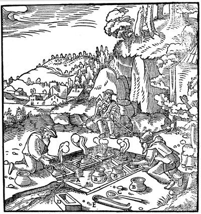 Inddampning af gryder med saltlage i en naturlig varm kilde for at opnå salt, 1556 af Unbekannt