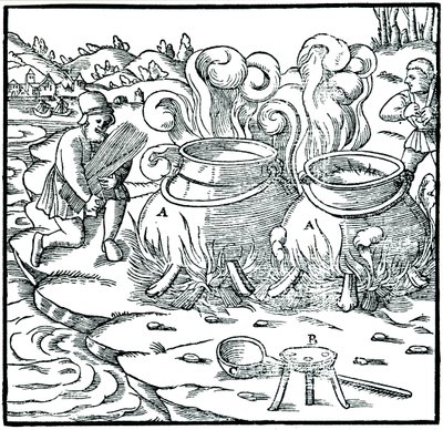 Fordampning af havvand i jerngryder for at opnå salt, 1556 af Unbekannt