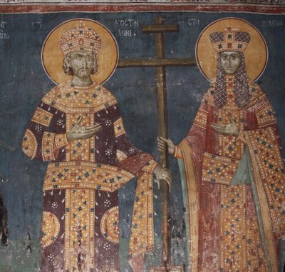 Korsets ophøjelse. De hellige Konstantin den Store og Helena, 1321-1322 af Unbekannt