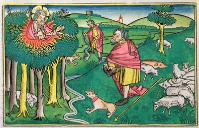 Anden Mosebog 3:1-22 og 4:1-4: den brændende busk og Gud, der bevæbner Moses med den mirakuløse stav af Unbekannt
