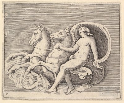 Nøgen kvinde med to søheste, udgivet ca. 1599-1622. af Unbekannt