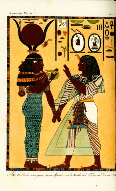 Figur af den egyptiske gudinde Hathor med kong Seti I fra hans grav i Theben, opdaget af Giovanni Battista Belzoni af Unbekannt