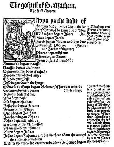 Første side af St. Matthæus-evangeliet fra William Tyndales engelske Nye Testamente, 1525 af Unbekannt