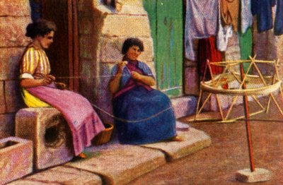Fisherwomen vikle garn til net, Malta, c1928. af Unbekannt