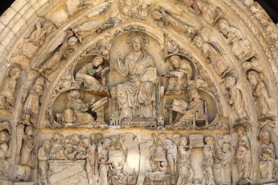 Fleury Abbey Basilica North Gate Tympanum: Kristus i herlighed omgivet af evangelister Saint Benoit sur Loire Frankrig af Unbekannt