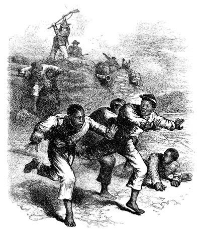 Flugt af sorte unionssoldater fra Fort Pillow, Tennessee, amerikansk borgerkrig, 1864 c1880 af Unbekannt