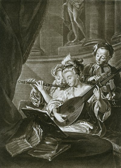 Fløjte, violin og chitarrone George Frederick Handel som ung musiker i Hamborg, attende årh af Unbekannt
