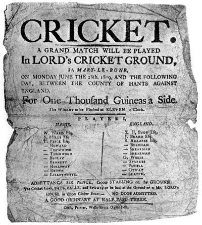 Flyer, der reklamerer for en cricketkamp mellem Hampshire og England, 1819 1912 af Unbekannt