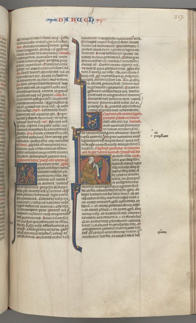 Fol. 317r, Baruch, historisk initial H, Baruch siddende ved et skrivebord og skriver på en rulle, ca. 1275-1300. af Unbekannt