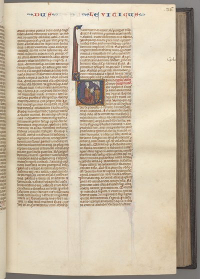 Fol. 36r, Tredje Mosebog, historisk initial V, Moses ofrer et offerlam på et alter, ca. 1275-1 af Unbekannt