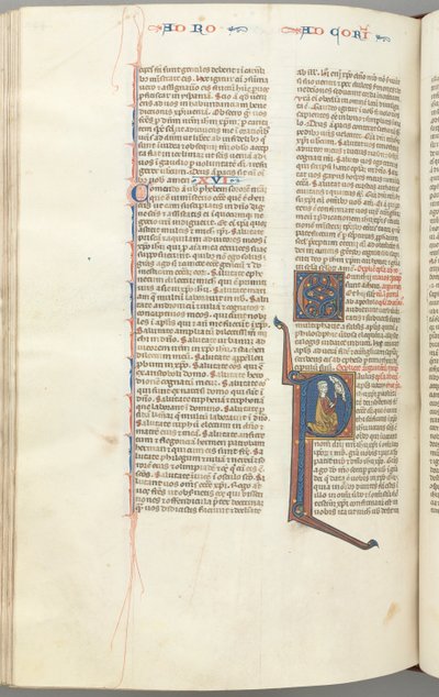 Fol. 440v, Corinthians I, historiker initial P, Paul knælende og taler til Guds buste ovenover, ca. af Unbekannt
