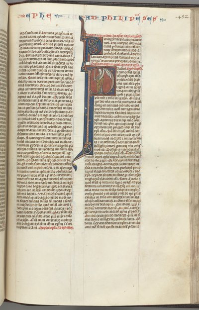 Fol. 452r, Filipperne, historisk initial P, Paulus står med et sværd og en rulle og taler med t af Unbekannt