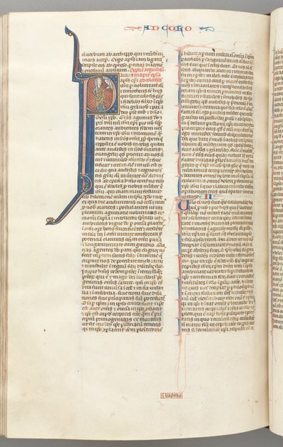Fol. 453v, Kolossenserbrevet, historisk initial P, Paulus stående og taler til Guds buste ovenover, ca. 127 af Unbekannt