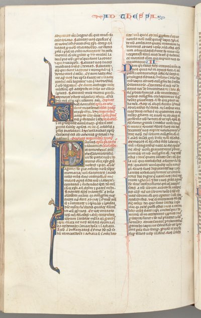 Fol. 454v, Thessaloniker 1., historisk initial P, Paulus siddende med et sværd og en bog..., ca. 1275-13 af Unbekannt