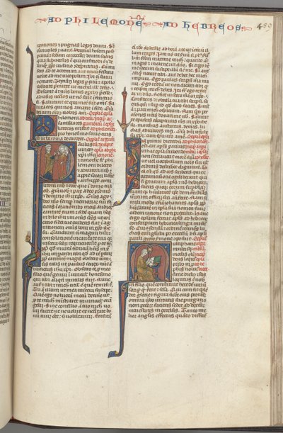 Fol. 459r, Filemon, historisk initial P, Paulus henvender sig til tre mænd og hebræere..., ca. 1275-1300. af Unbekannt