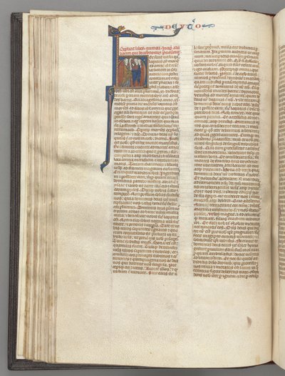 Fol. 62v, Femte Mosebog, historisk initial H, Moses med horn og rulleprædiken..., ca. 1275-1300 af Unbekannt