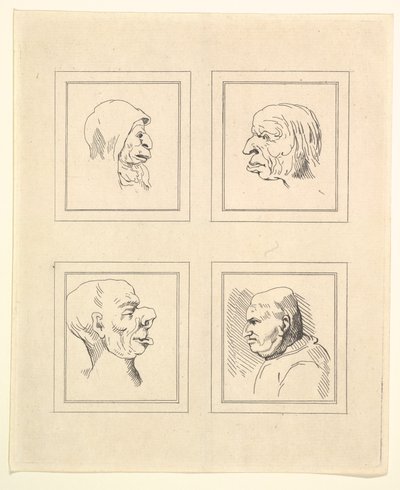 Fire hoveder fra Characaturas af Leonardo da Vinci, fra tegninger af Wincelslaus Hollar, o..., 1786. af Unbekannt
