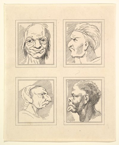 Fire hoveder fra Characaturas af Leonardo da Vinci, fra tegninger af Wincelslaus Hollar, o..., 1786. af Unbekannt