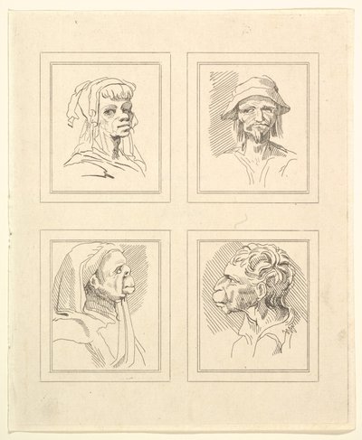 Fire hoveder fra Characaturas af Leonardo da Vinci, fra tegninger af Wincelslaus Hollar, o..., 1786. af Unbekannt