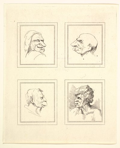 Fire hoveder fra Characaturas af Leonardo da Vinci, fra tegninger af Wincelslaus Hollar, o..., 1786. af Unbekannt