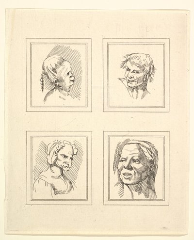 Fire hoveder fra Characaturas af Leonardo da Vinci, fra tegninger af Wincelslaus Hollar, o..., 1786. af Unbekannt