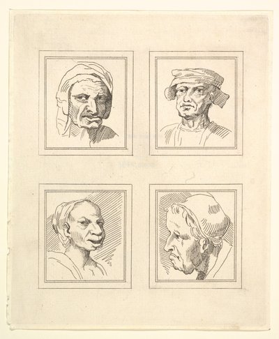 Fire hoveder fra Characaturas af Leonardo da Vinci, fra tegninger af Wincelslaus Hollar, o..., 1786. af Unbekannt