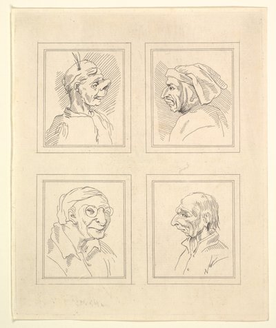 Four Heads from Characaturas by Leonardo da Vinci, from Drawings by Wincelslaus Hollar, o ..., 1786. dani af Unbekannt