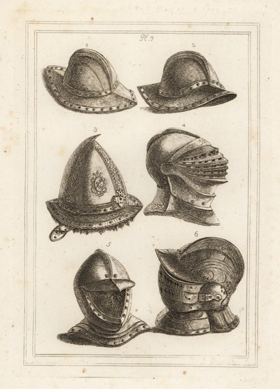 Fransk jerngrydehjelm 1,2, graveret stålhætte fra 1500-tallet 3, stor lys hjelm 4, åben hjelm 5, ornamenteret hjelm med visir 6 af Unbekannt