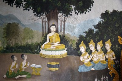 Fresko, der viser en scene fra Buddhas liv i Wat Phra Doi Suthep, Chiang Mai. Buddha modtager almisse. Thailand af Unbekannt