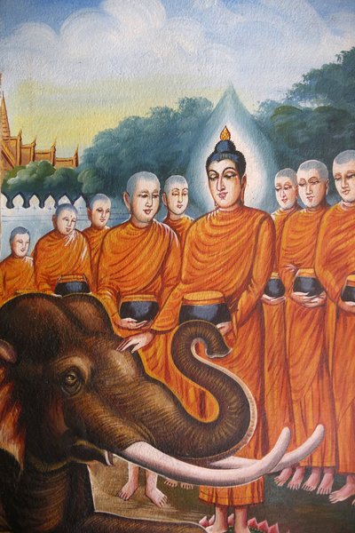 Fresko, der forestiller Buddhas sangha med en elefant i Wat Chiang Mun, Chiang Mai. Thailand af Unbekannt