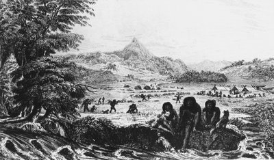 Fuegians ved Woollya, med Fitzroy-ekspeditionslejren i baggrunden, 1831 1839 af Unbekannt