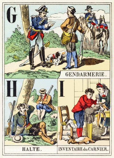 G H I: Gendarmerie, Halte, Inventaire du gamenier - Jagtalfabetet, ca. 1890 (gravering) af Unbekannt