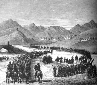General Rosss Division krydser Logar-floden på vej for at møde Sir Donald Stewart, c1880 af Unbekannt