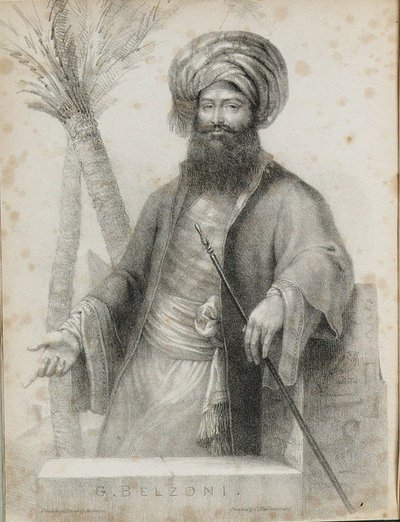 Giovanni Battista Belzoni 1778-1823 Frontispice fra Fortælling om operationerne og nyligt diskotek af Unbekannt