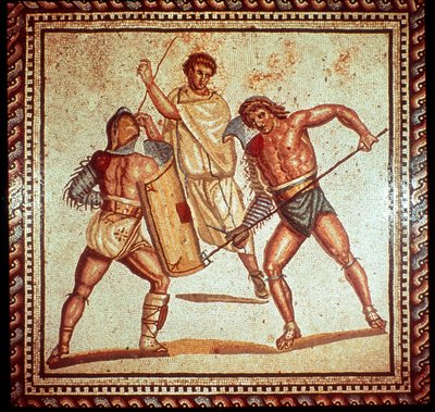 Gladiatorer i arenaen, romersk mosaik, Saarbrücken, Tyskland af Unbekannt