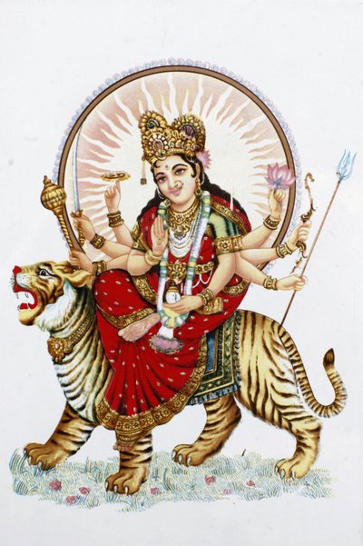 Gudinde Sherawali (Durga) Rider på en tiger Rishikesh Indien af Unbekannt