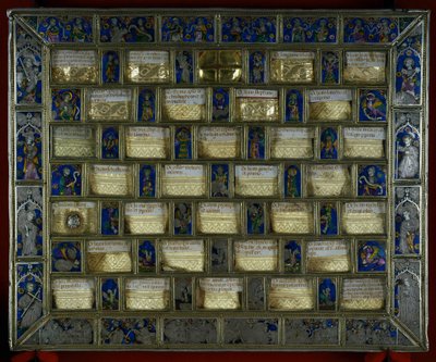 Guldsmed: staurotheque eller gotisk relikvie fra det 14. århundrede i form af skakspil (skak) af Karl den Store, sølv, guld og e-mail lavet i Montpellier. Roncesvalaux. Navarra. Spanien. af Unbekannt