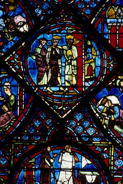 Gotisk arkitektur. Histoire de Charlemagne (detalje): Charlemagne (742-814) modtaget af Konstantin I, byzantinsk kejser. Glasmosaik af det nordlige ambulatorium, absidial. Cathedrale de Chartres. af Unbekannt