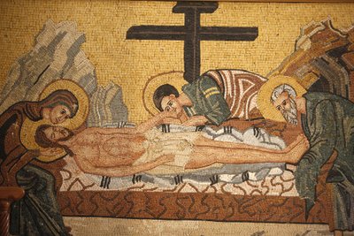 Græsk-ortodoks ikon, der skildrer Chrits gravlæggelse i St. Georges ortodokse kirke, Madaba, Madaba, Jordanie af Unbekannt