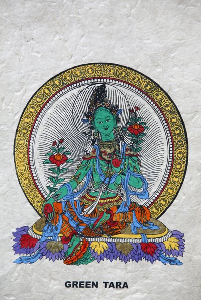 Grøn Tara, buddhistisk symbol på velstand. Kopan Kloster, Bhaktapur, Nepal af Unbekannt