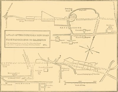 Grundplan for New Road fra Islington til Edgware Road, 1755, c1876. af Unbekannt