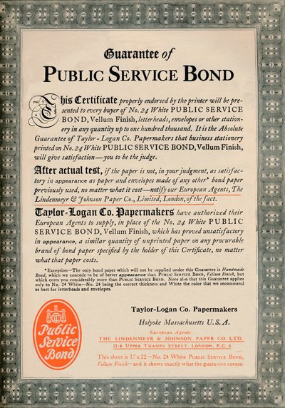 Garanti for public service-obligationer - Taylor-Logan Co. Papermakers-annonce, 1919 af Unbekannt