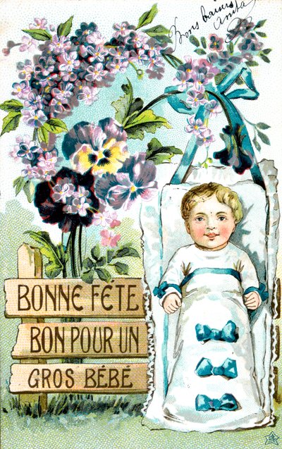 Tillykke med fødselsdagen, stor baby, stor baby, fransk postkort, c1900 af Unbekannt